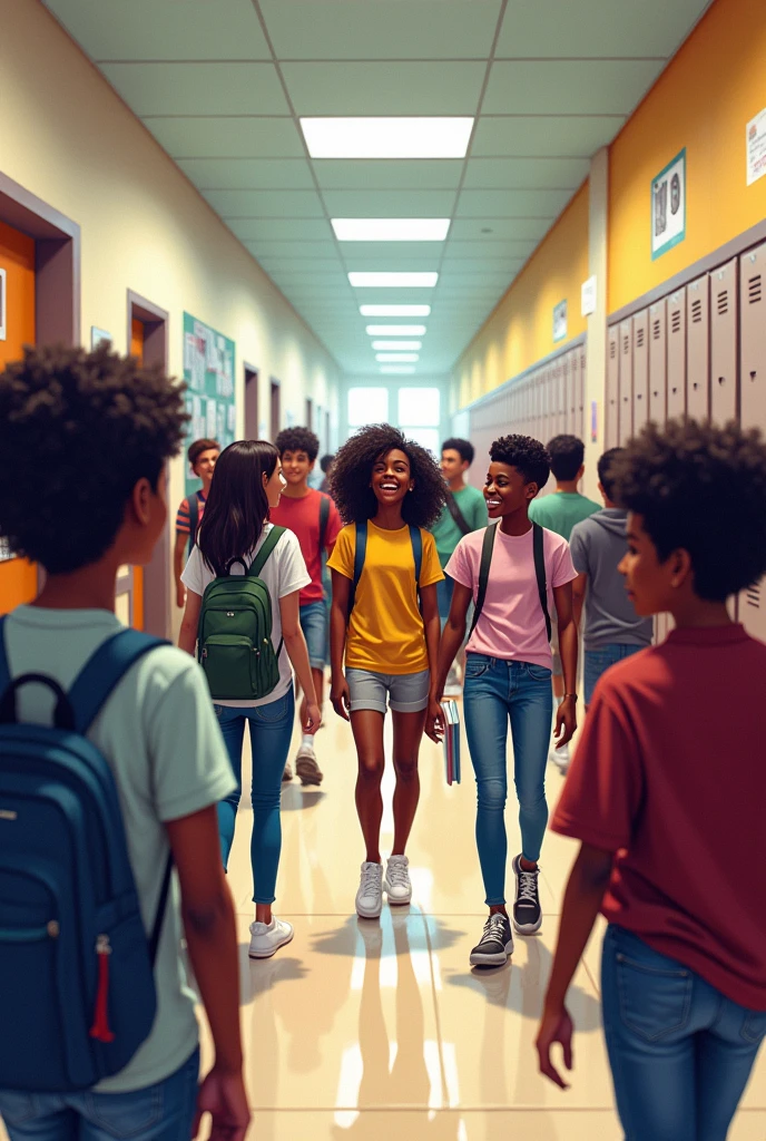create an art drawing of teenagers of various ethnicities and appear interacting in a school setting