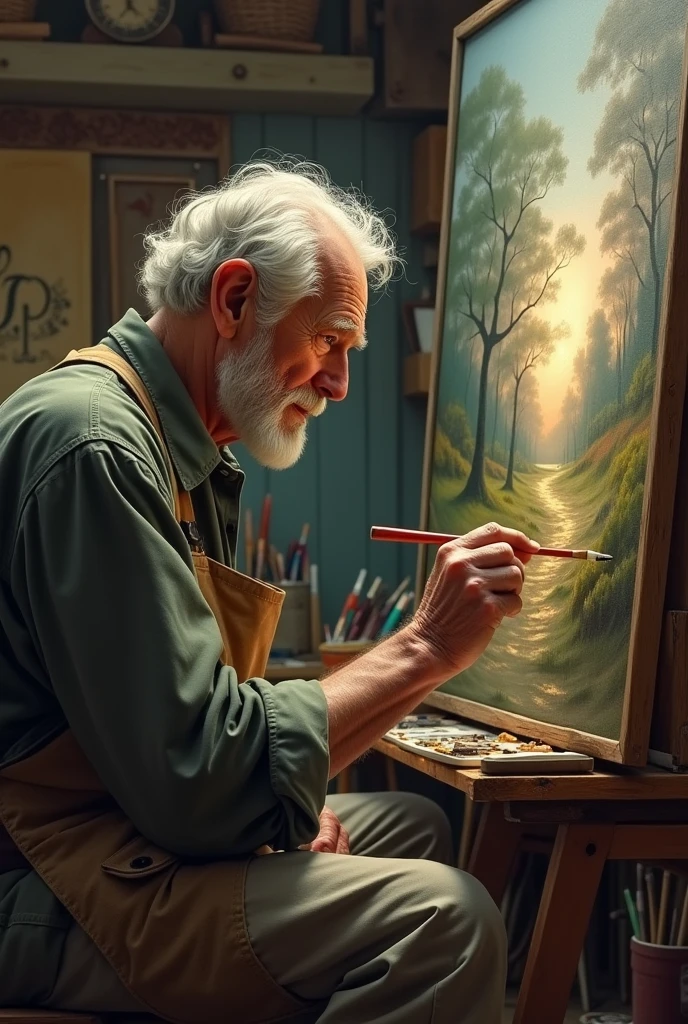 An old man painting a picture he is looking at the work

