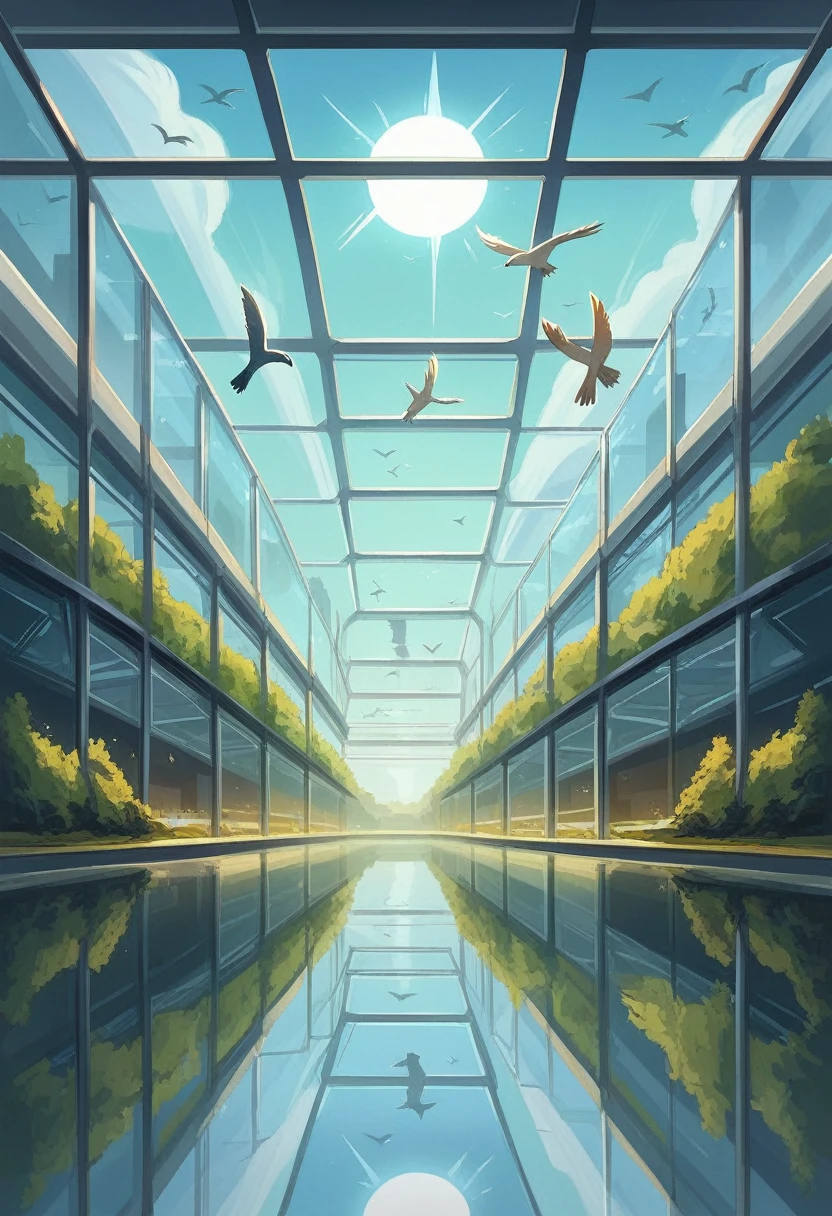 Hospital of the future with walls all made of blue glass, many trees in the lake and flowers, birds flying, with a stream passing in the background, beautiful sun in the sky, people entering the hospital, Futurism, interior architecture, Social realism, god rays, reflection light, best quality, highres, award winning