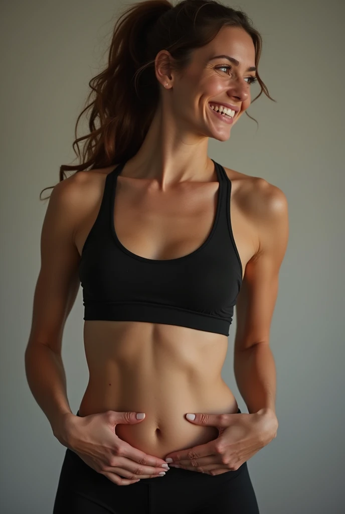woman celebrating with great emotion, Brunetette, athletic body, darkness background, ultra realisitic
