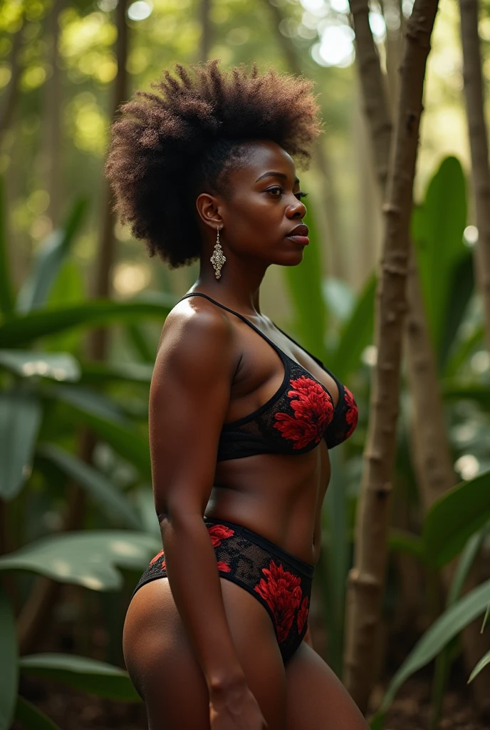 African model woman, bed in a forest, bold pose, wind movement, black lingerie with red floral print, close angle