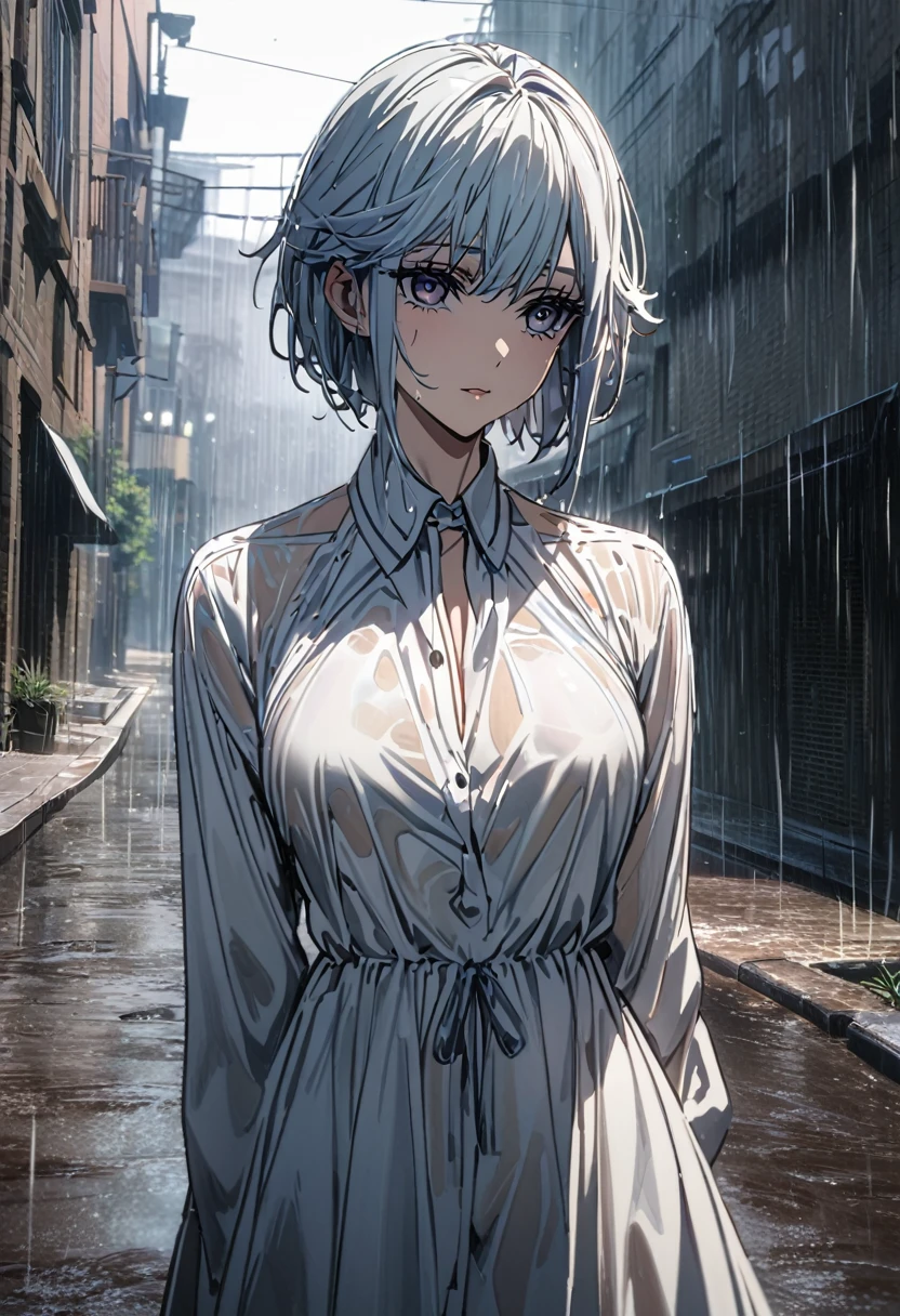 ((of the highest quality, 8k, masterpiece:1.3)), focused:1.2, Perfect body beauty:1.4, hips:1.2, ((Layered haircut, chest:1.2)), (wet clothes:1.1) , (rain, Street:1.3), strapless dress: 1.1, Very detailed face and skin texture., pretty eyes, double eyelid, White skin, by the wide, (shut up: 1.3)