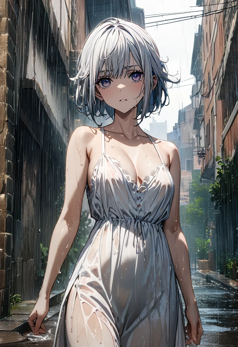 ((of the highest quality, 8k, masterpiece:1.3)), focused:1.2, Perfect body beauty:1.4, hips:1.2, ((Layered haircut, chest:1.2)), (wet clothes:1.1) , (rain, Street:1.3), strapless dress: 1.1, Very detailed face and skin texture., pretty eyes, double eyelid, White skin, by the wide, (shut up: 1.3)