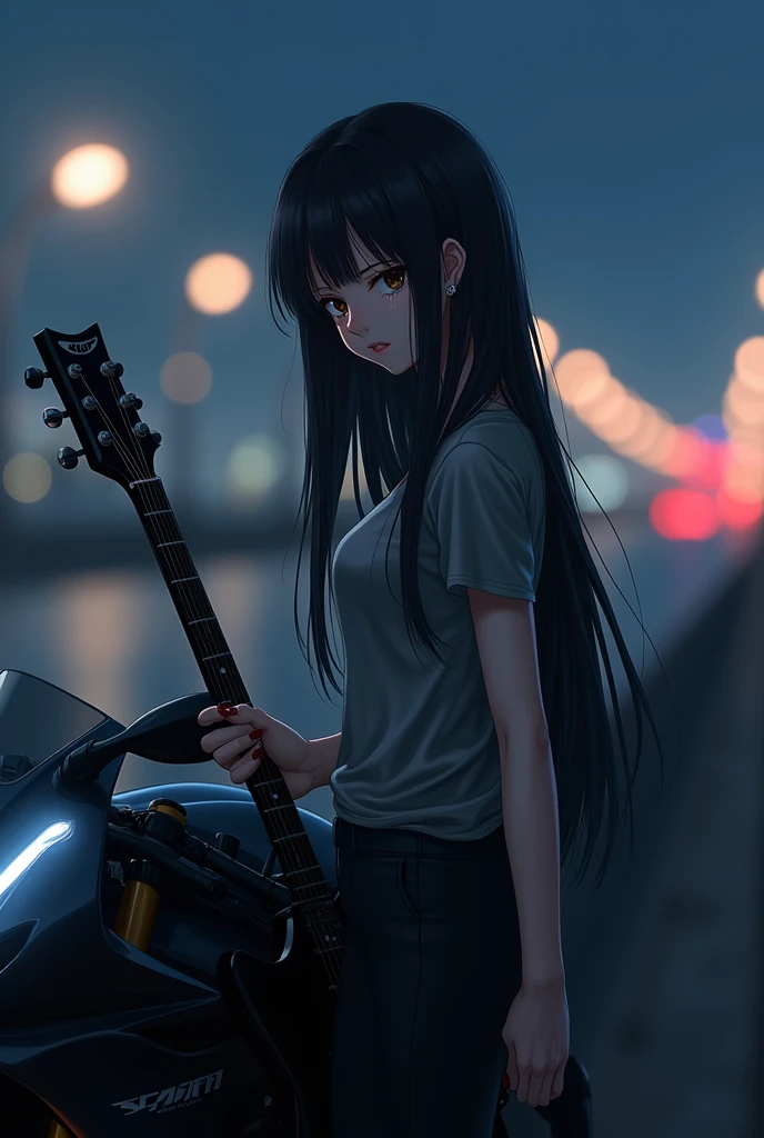 (anime:1.2), beautiful woman, crying, standing next to a black sport bike, holding a black electric guitar, wearing t-shirt, black pants, long straight black hair, high way, city lights background, light skin, light brown eyes, pointed nose, side post, far angle.