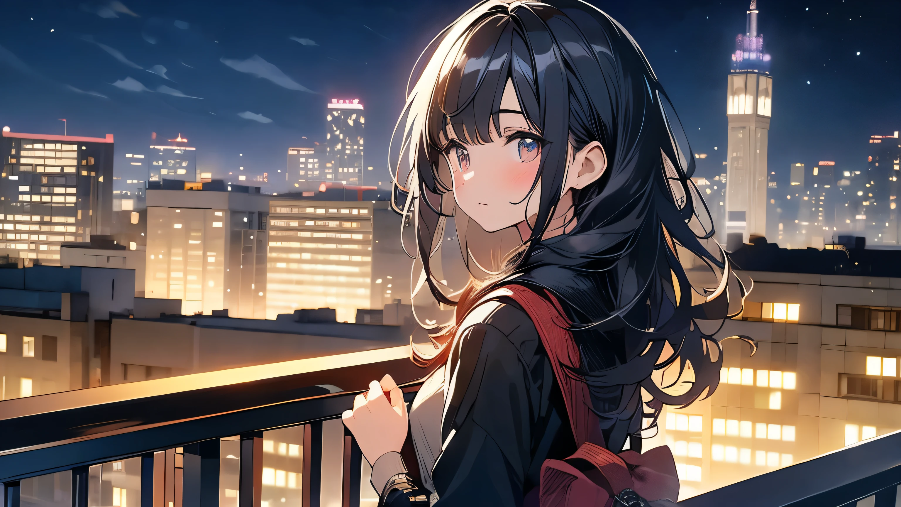 A young girl with dark hair and wearing a black sari is standing on the balcony of her house .....Looking at the city lights、Listening to lo-fi background music at night,