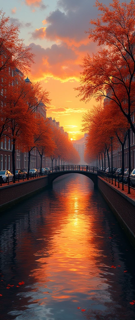 painting of a canal in a city with a sunset, Rob McNaughton, Autumn sunset, landscape artwork, Sun shine, background illustrations, rich and picturesque colors, at sunset in autumn, beautiful matte oil painting, Beautiful UHD 4K art, awesome art, Inspired by Esao Andrews, Inspired by John Atkinson Grimshaw, Amber glow, detailed painting 4k