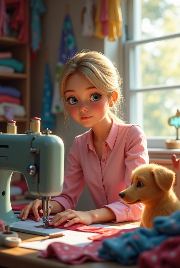 Woman 50 years old blonde hair tied straight pink blouse big blue eyes thin face sewing sewing machine many fabrics scissors and window with yellow dog 