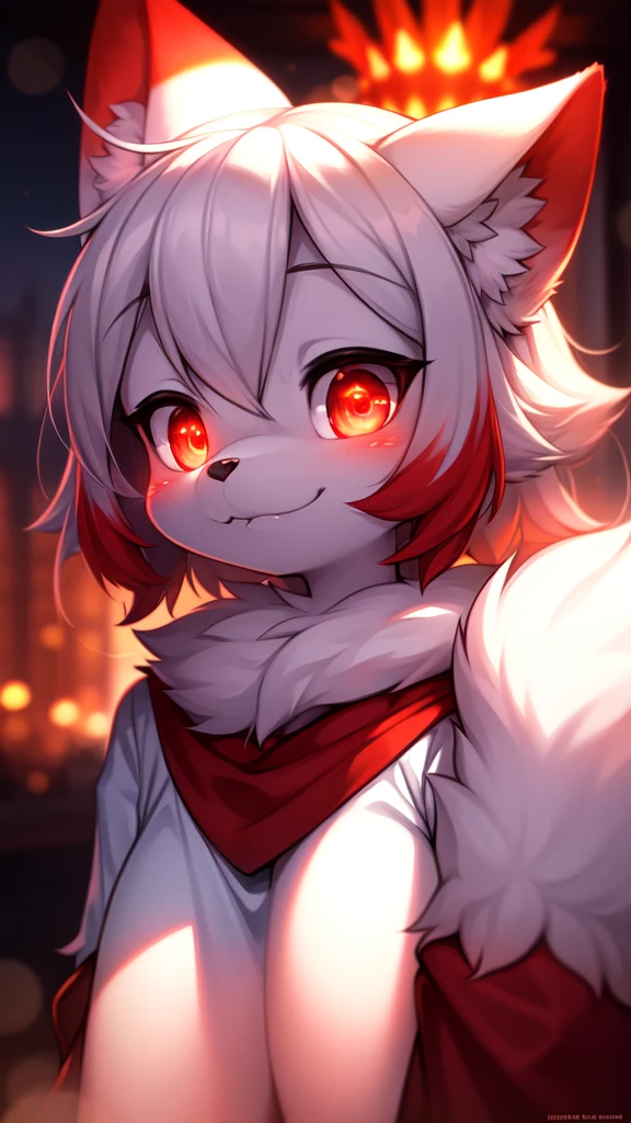 furry, white fur, ultra cute face, red elements on fur, glowing t-shrt, beautiful lights and shadows, ambient light, ultra detailed fur, volumetric light