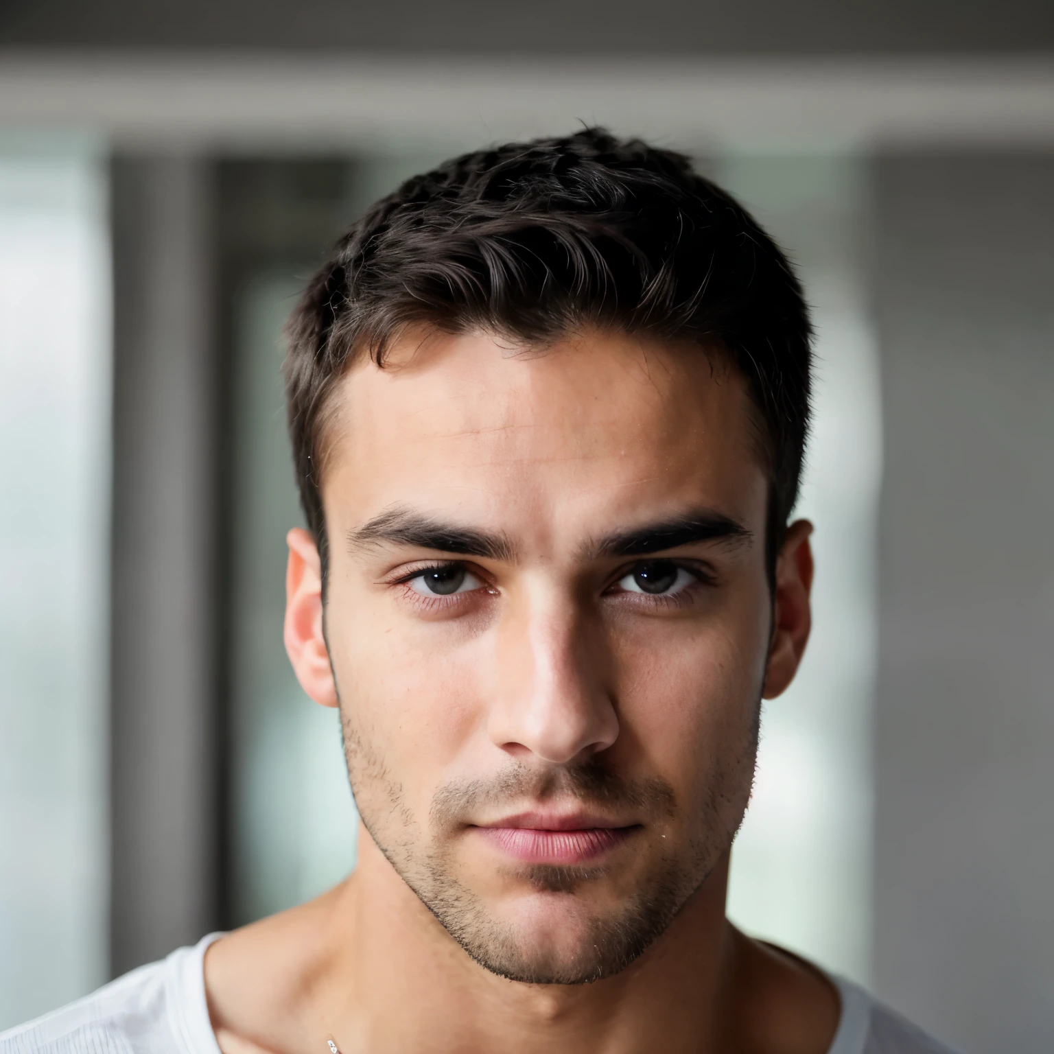 Create an ultra-realistic image of a man around 2, staring at the screen with an intense and thoughtful expression. The image should focus on facial details, including clear, bright eyes, a subtle smile, and well-defined facial features. The man has fair skin, short black hair, and a clean-shaven look. Every detail, from the texture of his skin to the light reflections in his eyes, should be crisp and lifelike. The background should be out of focus, enhancing the realism of his face and expression.