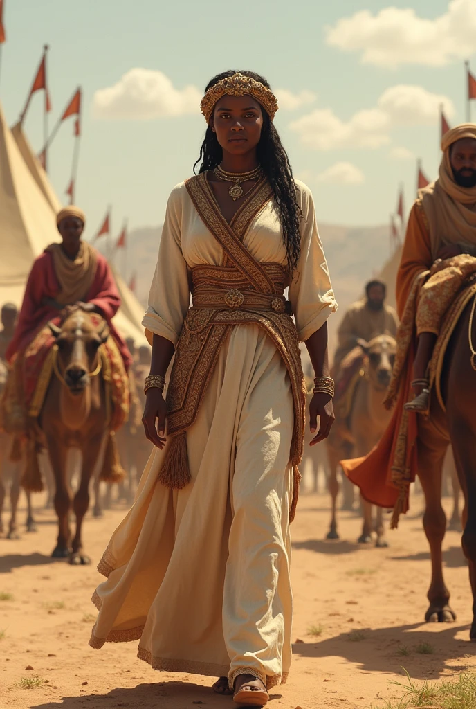 Create a realistic and detailed image of Queen Makeda, the Queen of Sheba, traveling with her grand caravan. The scene should depict a large caravan of camels and donkeys carrying goods, supplies, and gifts. The Queen is surrounded by royal guards, servants, and attendants. Musicians and entertainers are also part of the entourage, providing music and performances. Luxurious tents are set up at a rest stop, with rich fabrics and comfortable furnishings. The landscape should reflect the arid regions of ancient Ethiopian and Israel , with a backdrop of desert and distant towns, her outfit should white brownish cotton dress.