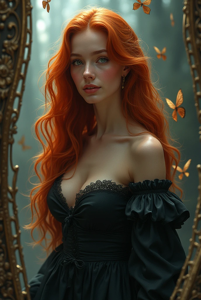 (solo, full body photo:1.3), (action packed:1.3), (haze, fog, mist:1.3), chiaroscuro, best quality, photorealistic, 1woman, (cute), (24yo:1.2), redhead, long ginger hair highly detailed, 1700'S, digital photography, art by artgerm and ruan jia and greg rutkowski surreal painting gold butterfly filigree, broken glass, (masterpiece, sidelighting, finely detailed Fashionable eyes: 1.2) (perfect oval large eyes that gazes at the viewer), beautiful detailed face, blue gorgeous perfect eyes, (blonde hair ponytail), (attractive young woman:1.3), (thick amazing hair), (seductive:1.1), (blushing:1.1)