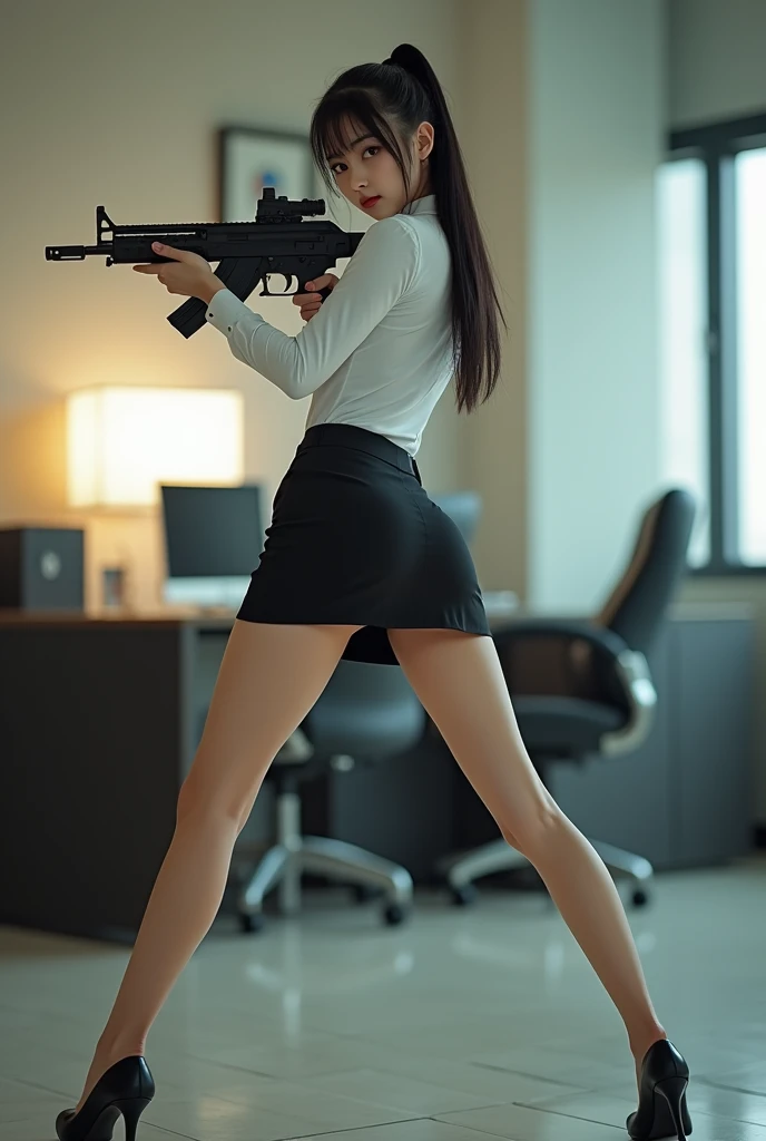 camera back view facing real person eyes open realistic beautiful japanese office lady white shirt tight mini skirt stance legs open spreading arms straighten full portrait holding rifle gun back view facing sexy legs waist level aiming target