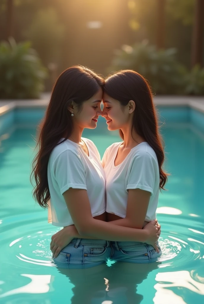 A bangladeshi young boy hug her sexy girlfriend in the swimming pool.the water was clear and the weather is romantic.they both wear t- shirt and jens.