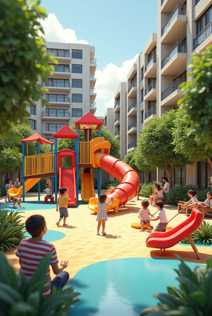 Create a 3D image of a modern, vibrant playground, located in an urban area with vegetation around. The playground should include a large tube-shaped slide., Swings, a colorful climbing structure, and a sandy area. The predominant colors should be cheerful tones, like red, azul e amarelo. Include benches and a nearby water source, with children playing and families relaxing around. The background must have residential buildings with balconies and trees, suggesting a safe and welcoming environment