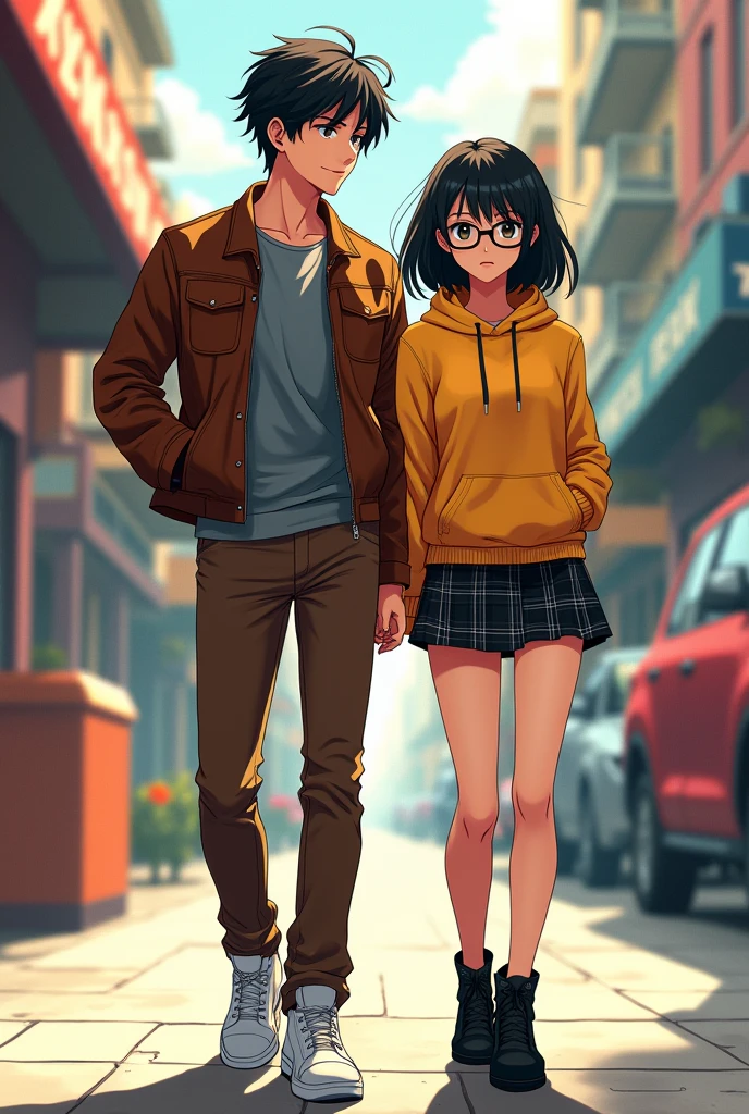 Poster animé : garçon cheveux noir, pantalon chic marron, basket blanc, t-shirt gris, veste en cuir marron
fille, belle, cheveux noirs atteignant les épaules, mini-jupe noire à carreau, bottes noires, sweat à capuche jaune, lunette à verre gris
Titre: together we are strong my love