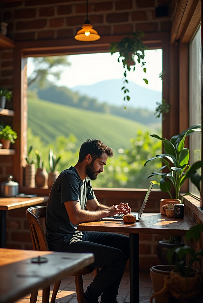 A man with a laptop working at a table in a rustic aesthetic coffee shop, overlooking the coffee plantation, drinking coffee with a croissant, concentred, also showing other parts of the cafeteria with employees working and serving
