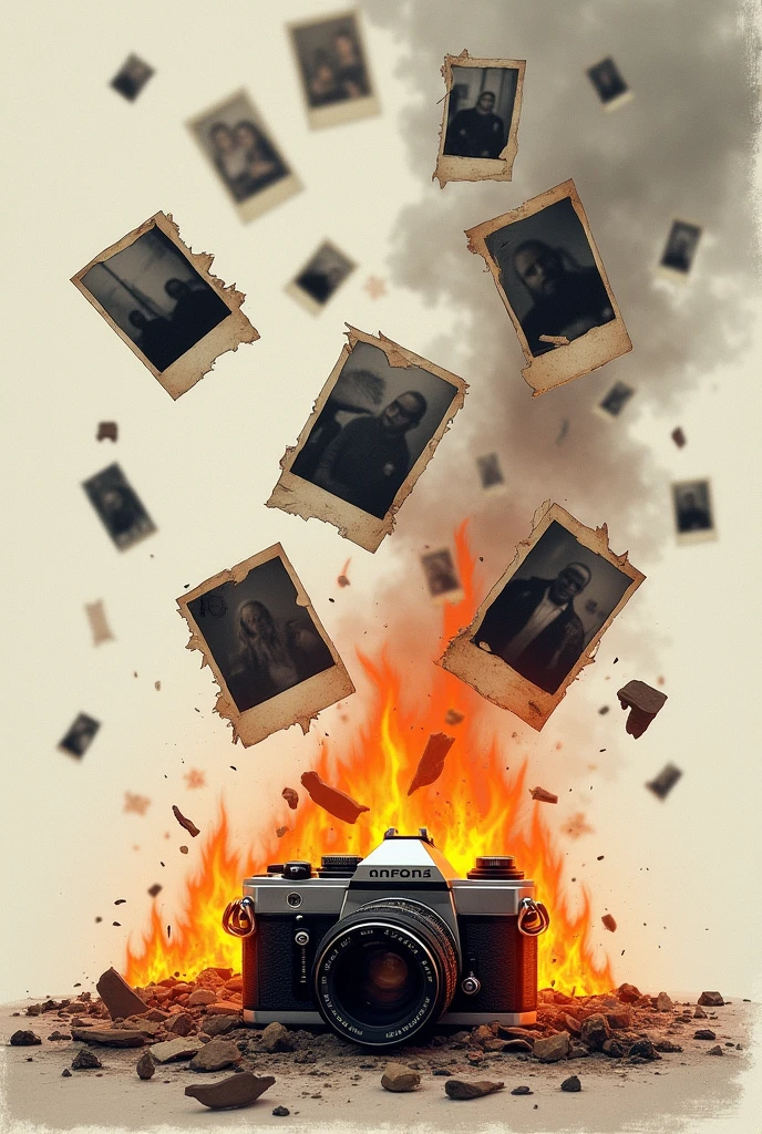 Generates an image of photographs falling to the ground while on fire with a camera with a broken lens lying on the ground. The falling photographs show nothing but a blurry black and white background... drawn
