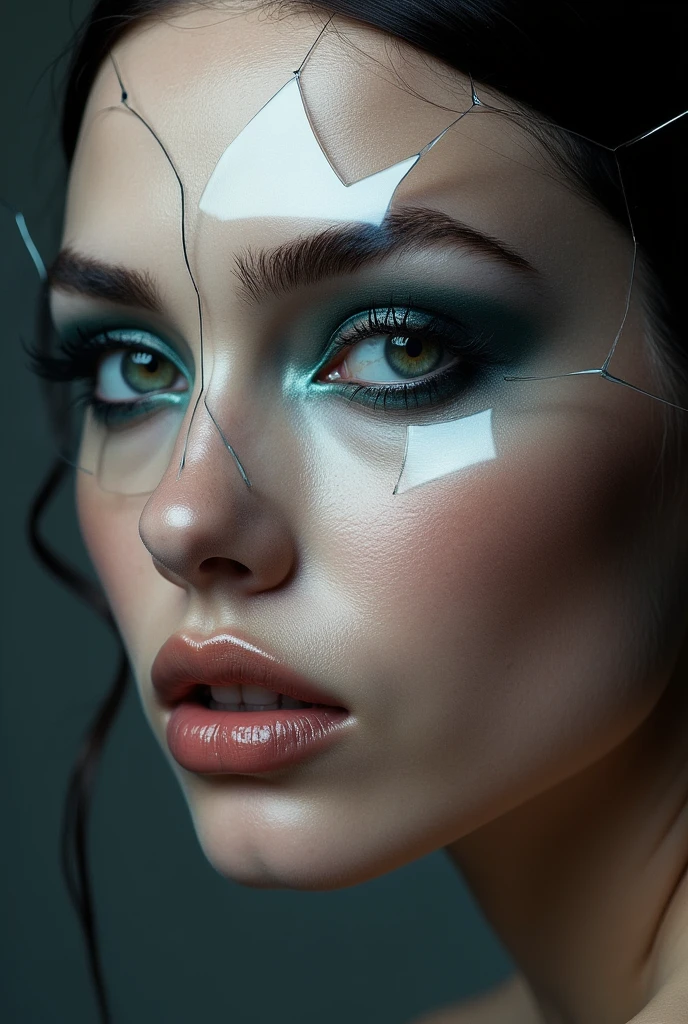 "Create a high-fashion editorial image where the model’s face is fragmented into multiple perspectives, as if seen through a broken mirror. The composition should blend Irving Penn’s classic, clean lines with Rankin’s bold, modern approach to fashion photography."4K, details, winner awards