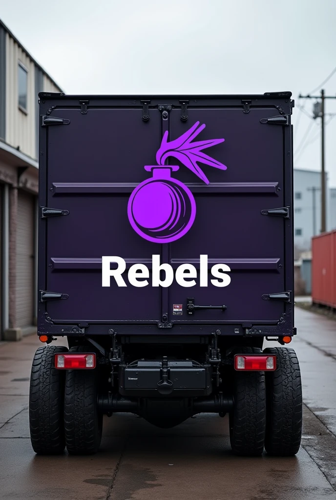 Truck from a company called REBELS.
Specifications: the back image of the truck could be a purple bomb logo and the name REBELS could be white