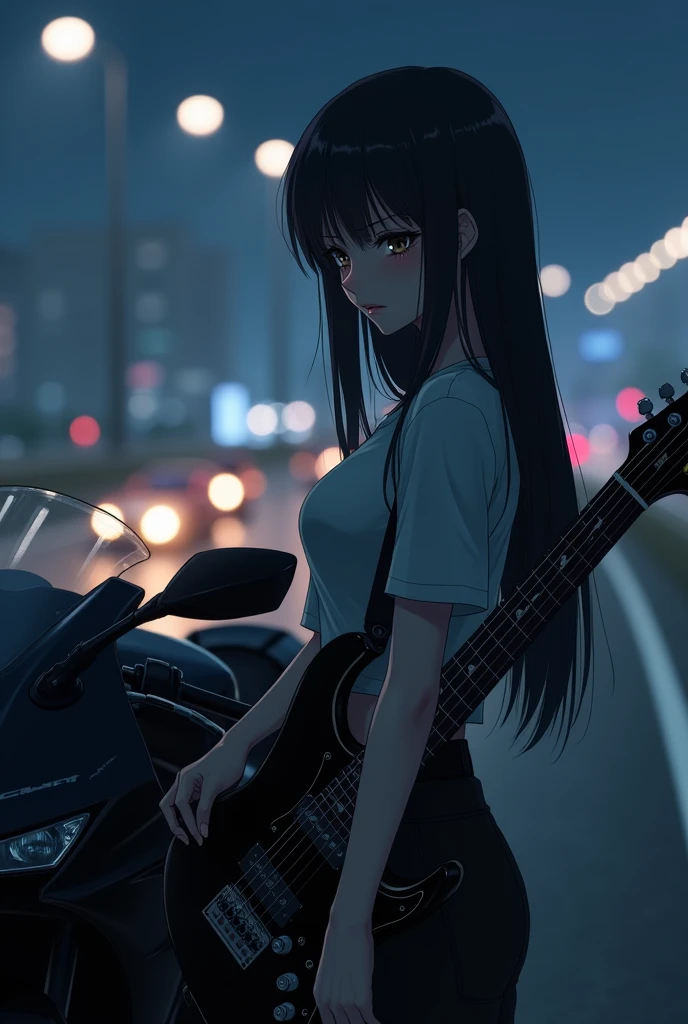 (anime:1.2), beautiful woman, crying, standing next to a black sport bike, holding a black electric guitar, wearing t-shirt, black pants, long straight black hair, high way, city lights background, light skin, light brown eyes, pointed nose, side post, far angle.