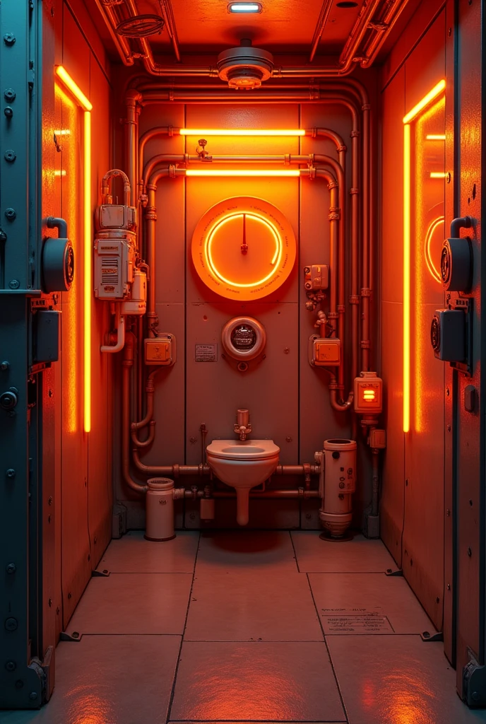 industrial futuristic bathroom neon lights, small room heavy duty room, futuristic, pipes, enclosed, orange neon lights
