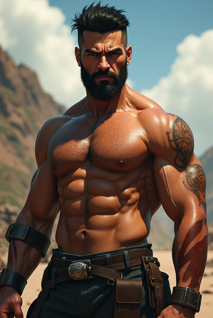 davion, davion, short hair, black hair, 1boy, facial hair, thick eyebrows, muscular male, bara, sideburns, mature male, stubble, muscular, (brown eyes:1.5),
BREAK nipples, nude,light brown skin, stomach, muscular, scar, abs, light brown skinned male, pectorals, scar on face, large pectorals, scar on chest, scar on shoulder, scar on arms,
BREAK outdoors,
BREAK looking at viewer, 
BREAK (masterpiece:1.2), best quality, high resolution, unity 8k wallpaper, (illustration:0.8), (beautiful detailed eyes:1.6), extremely detailed face, perfect lighting, extremely detailed CG, (perfect hands, perfect anatomy),