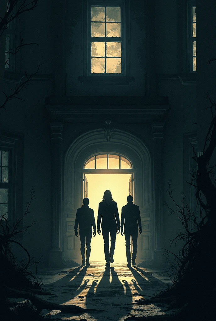 Haunted house three people entering the house