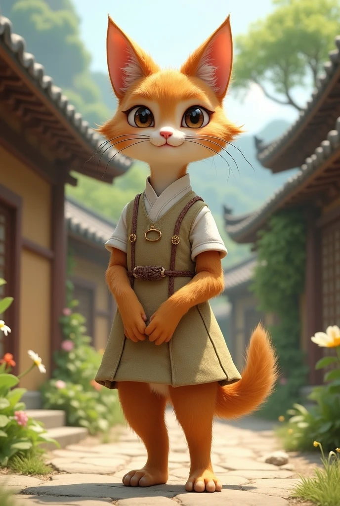 (A brown human cat in a beautiful village, wearing a human dress and smiling, standing on two legs smiling, a person who grew up in a village wearing a dress, natural like a real picture