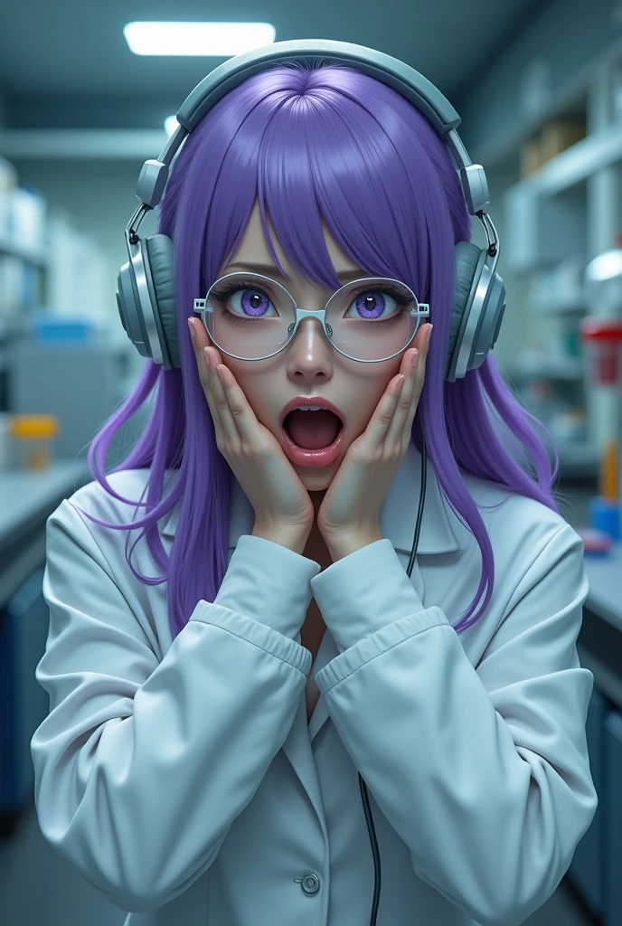 Purple hair butterfly woman in korean laboratory with scientist outfit with scared face scared face full body scared scared with fear realistic headphone