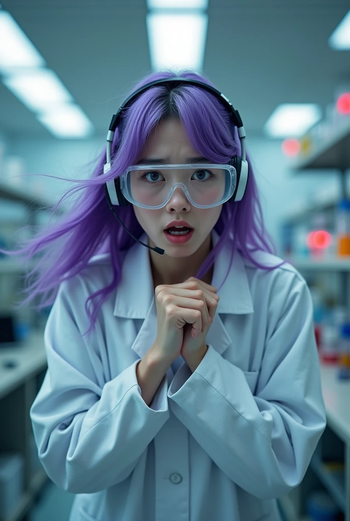 Purple hair butterfly woman in korean laboratory with scientist outfit with scared face scared face full body scared scared with fear realistic headphone
