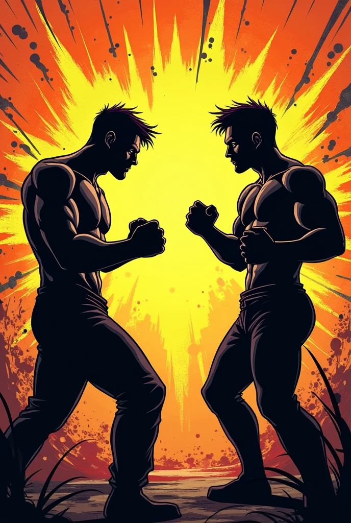 A three age man standing in fight position each other going to fight intense! Background with comic style! Three teenman whole body with black colour we can’t see them!