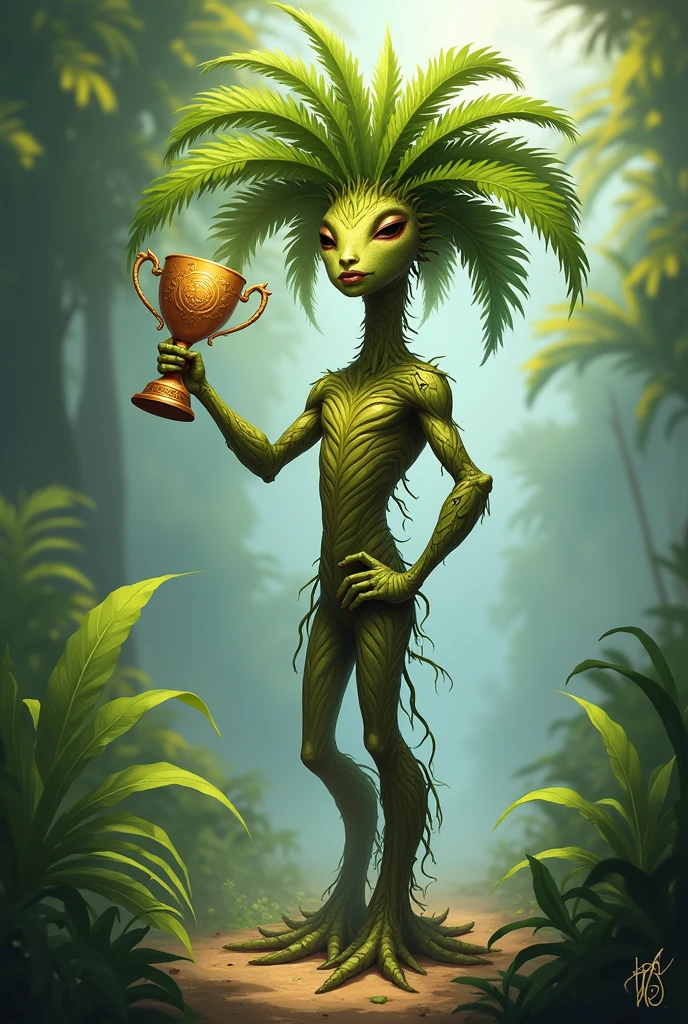 Humanoid palm tree with a trophy