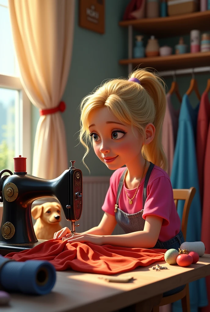 Pixar image Woman 50 years old blonde hair tied straight pink blouse big blue eyes thin face sewing sewing machine lots of fabrics scissors and window with yellow dog