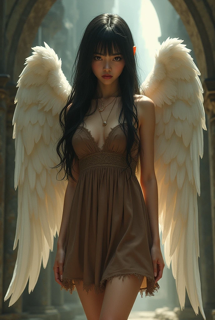 a tall girl, swarthy skin , deep black eyes, with a cute. body , dressed in a brown torn dress , short at the knees , that she be very beautiful that she have angel wings, Long straight black hair with slightly thick legs and cute hips, nice well-shaped breasts, prominent lips and very pretty eyes