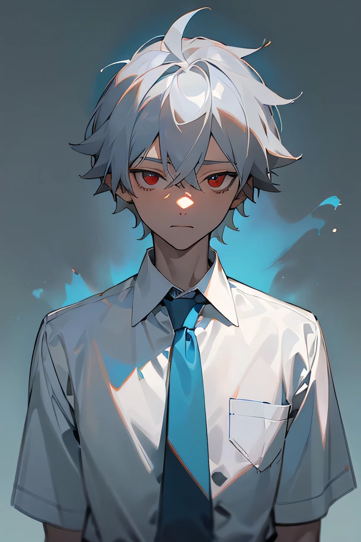 (masterpiece), best quality, expressive eyes, perfect face, Nagisa Kaworu, gray hair medium-length gray hair, pale skin, light skin, red eyes, neutral expression, neon blue button shirt, EMT uniform, light blue shirt, powder blue shirt, blank background, adult man, mature man