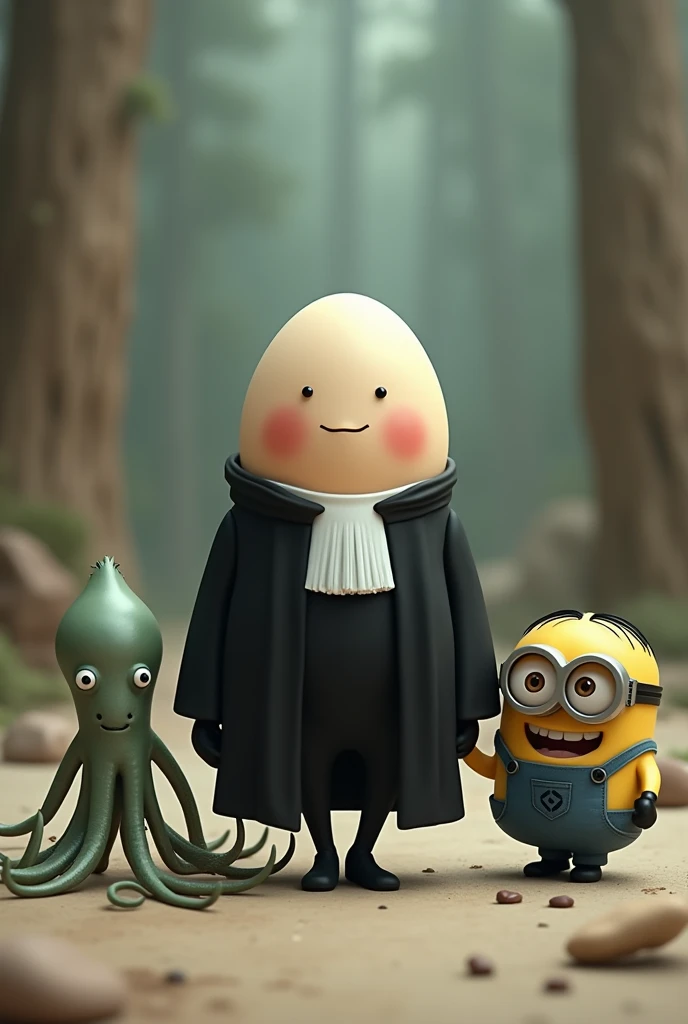 A supreme court robed egg walking with a squid and a laughing minion