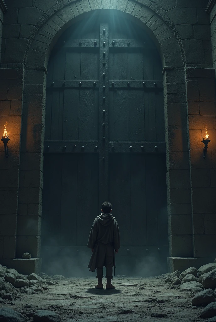 The heavy iron door of the fort closing slowly, with an ominous creak. The door is locked from the outside, trapping the young man inside the dark fort."