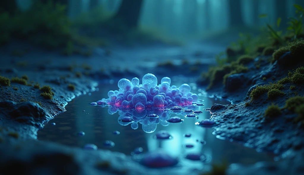 Bacteria in a puddle , mysterious scene, electrifying ends