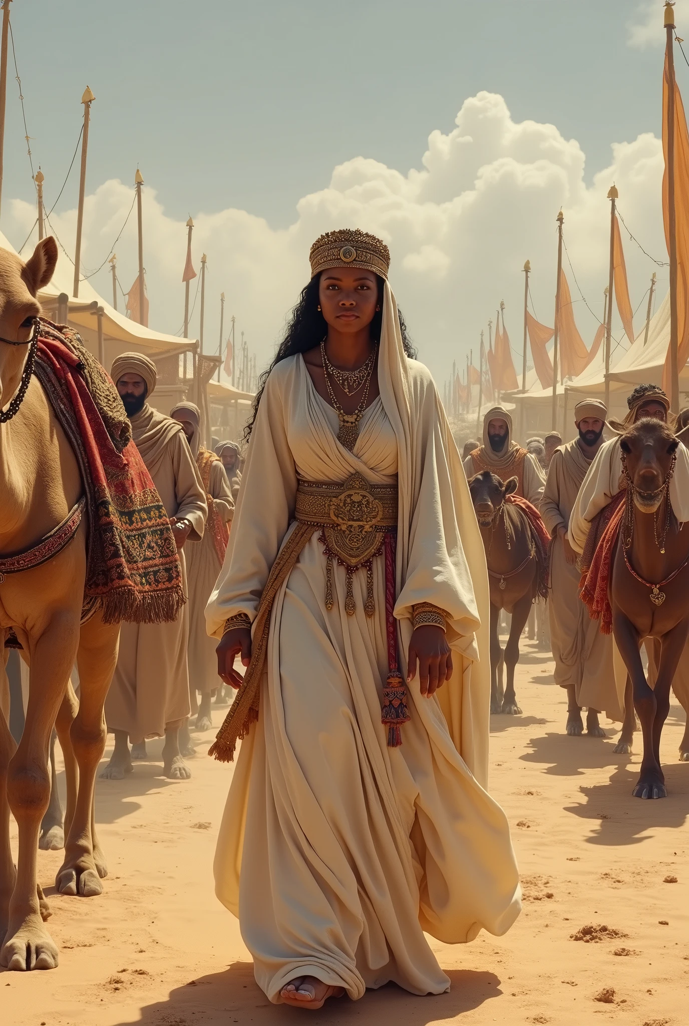 Create a realistic and detailed image of Queen Makeda, the Queen of Sheba, traveling with her grand caravan. The scene should depict a large caravan of camels and donkeys carrying goods, supplies, and gifts. The Queen is surrounded by royal guards, servants, and attendants. Musicians and entertainers are also part of the entourage, providing music and performances. Luxurious tents are set up at a rest stop, with rich fabrics and comfortable furnishings. The landscape should reflect the arid regions of ancient Ethiopian and Israel , with a backdrop of desert and distant towns, her outfit should white brownish cotton dress.