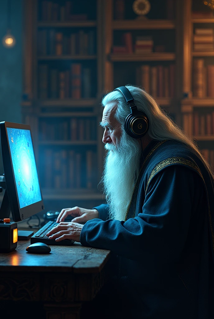 
wizard playing on computer with headphones