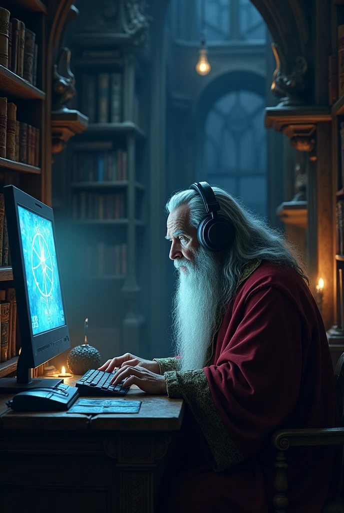 wizard playing on computer with headphones