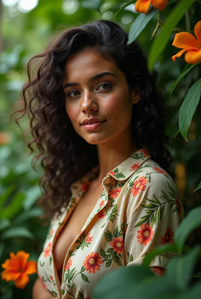 A Brazilian woman in a lush tropical garden, wearing an open shirt with a floral print, with a close-up capturing the harmonious beauty between her breasts and the natural flowers, showing off your natural charm and outgoing personality.