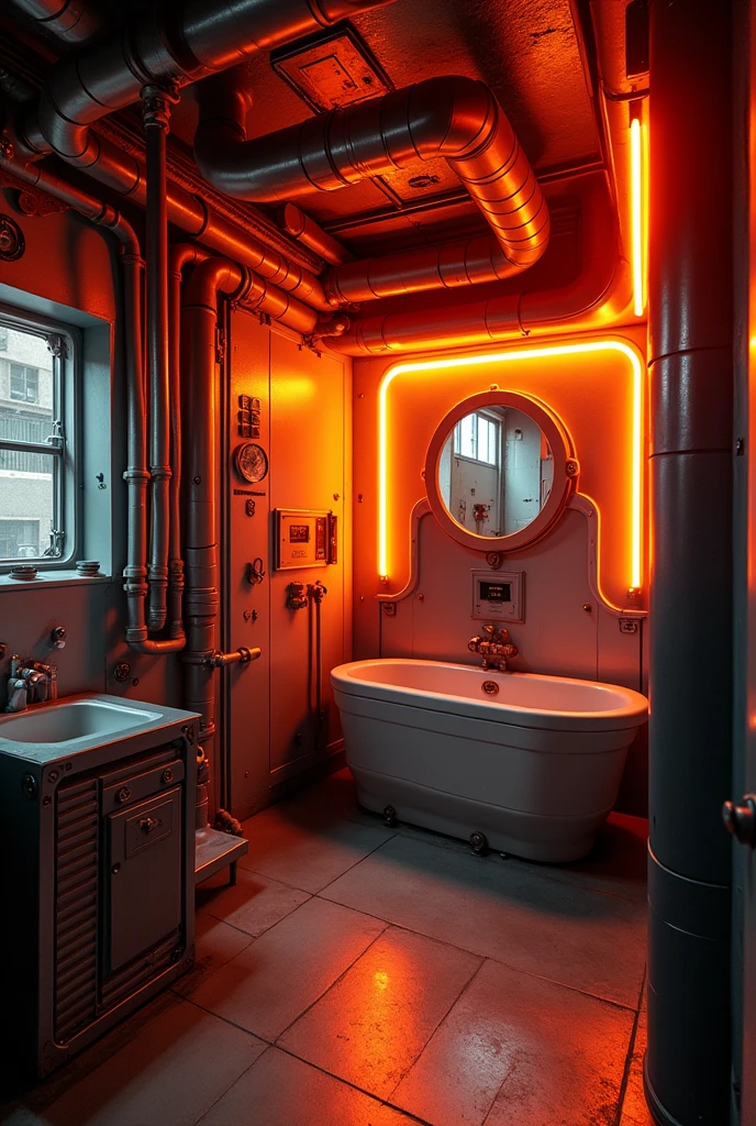 industrial futuristic bathroom neon lights, small room heavy duty room, futuristic, pipes, enclosed, orange neon lights, small bathtub,