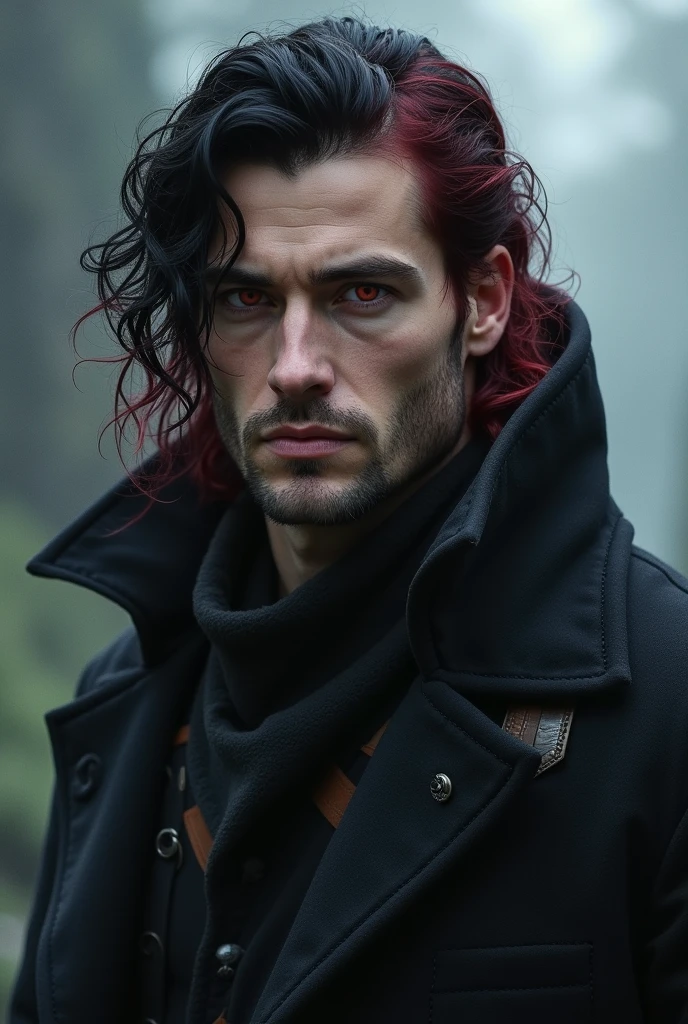 man of Nordic origin with discreet features, with black and red hair and slightly reddish eyes