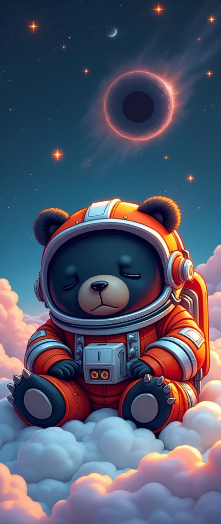 (cute cartoon style:1.3), (((Close-up of a mighty bear sleeping on soft clouds))), (Stylish and complete cyberpunk spacesuit:1.2), ((open head)), dark fur, epic space landscape, black holes, ((Shining stars)), intricate design, bright colors, Masterpiece in maximum 16K resolution, Best Quality, ultra detailed, aesthetics, absurd.