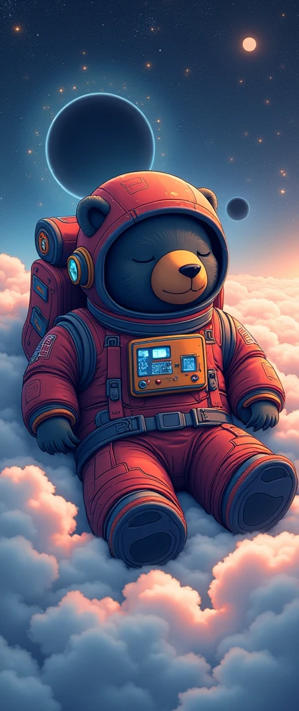 (cute cartoon style:1.3), (((Close-up of a mighty bear sleeping on soft clouds))), (Stylish and complete cyberpunk spacesuit:1.2), ((open head)), dark fur, epic space landscape, black holes, ((Shining stars)), intricate design, bright colors, Masterpiece in maximum 16K resolution, Best Quality, ultra detailed, aesthetics, absurd.