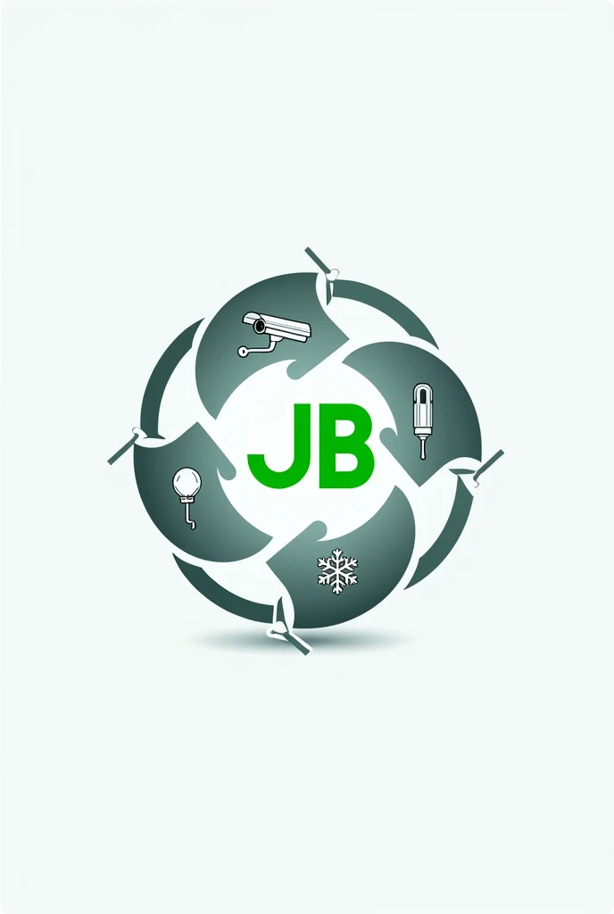 logo type with a rotating shield like drops of water divided into 4 drops, one with security camera, a snowflake, an electric lamp, a screwdriver, jb must be green must be between the drops