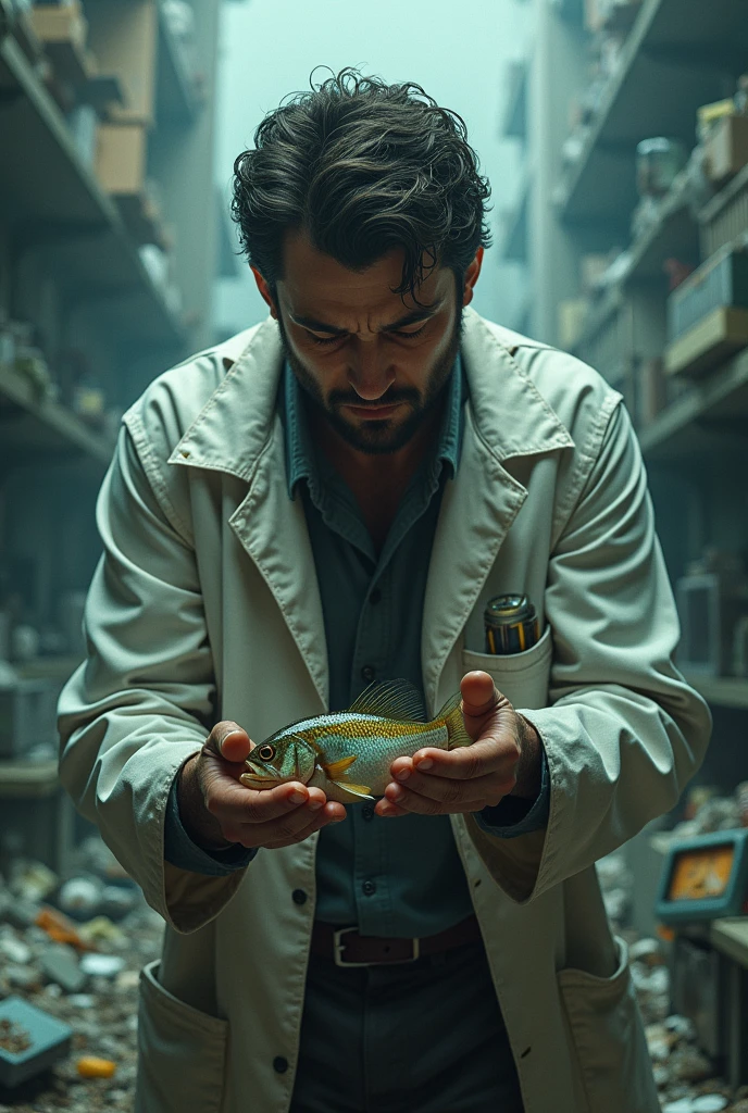 Biologist with his lab coat torn off examining a fish in a destroyed laboratory 