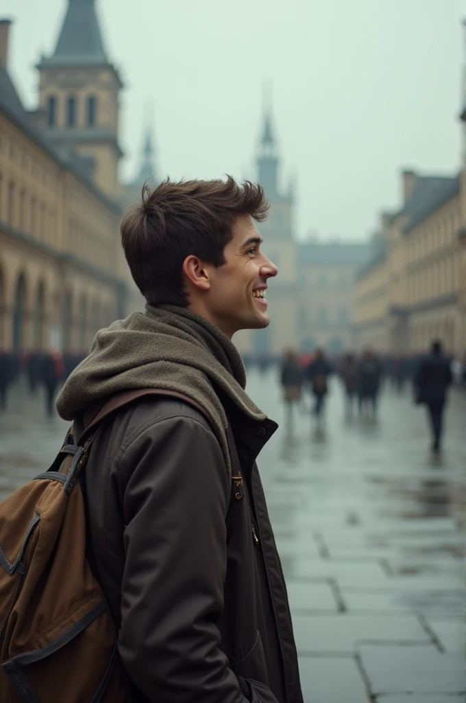 John, still young, looks at the square with a sad smile as the surroundings begin to disappear. The details of the square are blurred, symbolizing the imminent return to reality.