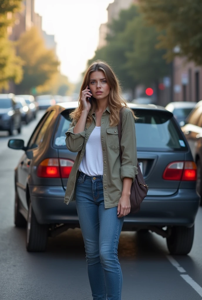 The car was hit in the rear, and the girl was calling the crane